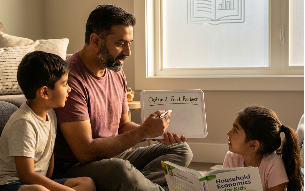 Father teaching children about household budgeting